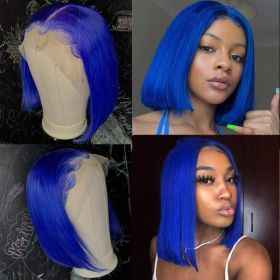 13x4 Lace Front Bob Human Hair Wig, Straight Blue Wig, 10 Inch, 150 Density (Option: Blue)